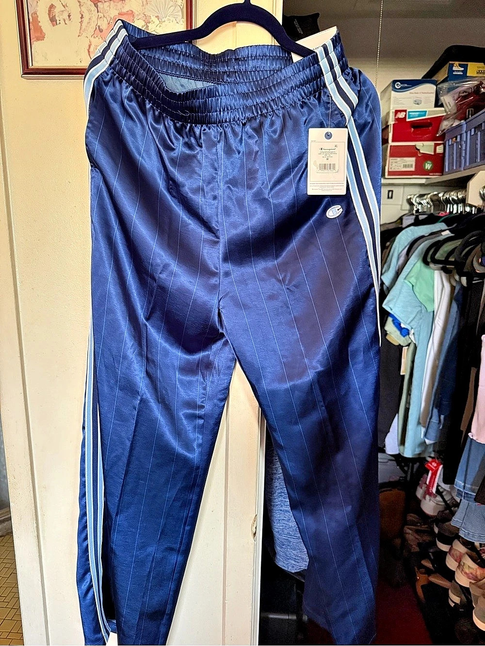 Champion Game Set Match Pinstriped Pant Pinstriped Athletic Pants in Blue Size